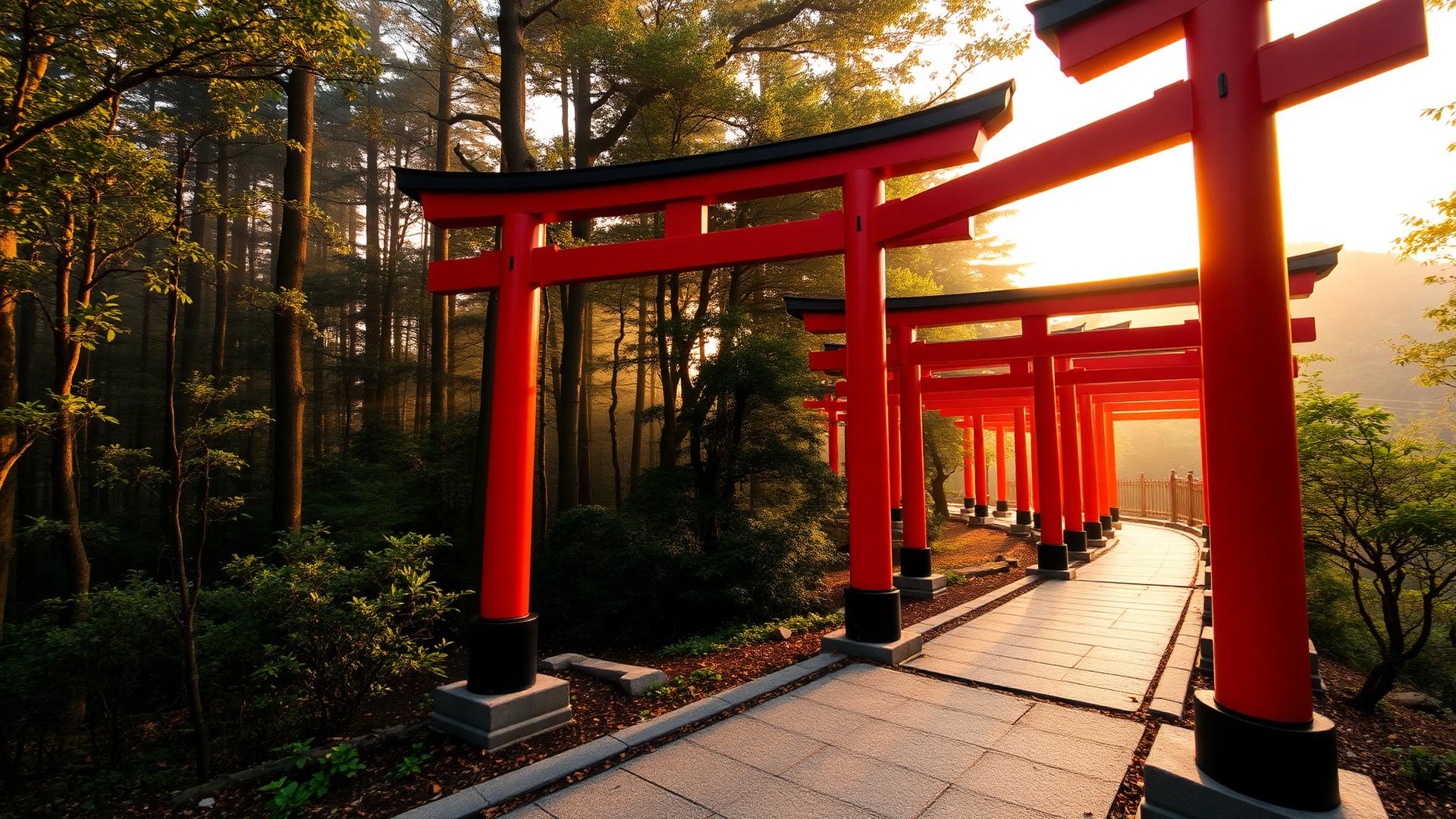 Torii gate path in Kyoto, Japan at golden hour